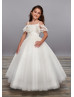 Cold Shoulder Beaded Ivory Lace Tulle Fancy Flower Girl Dress